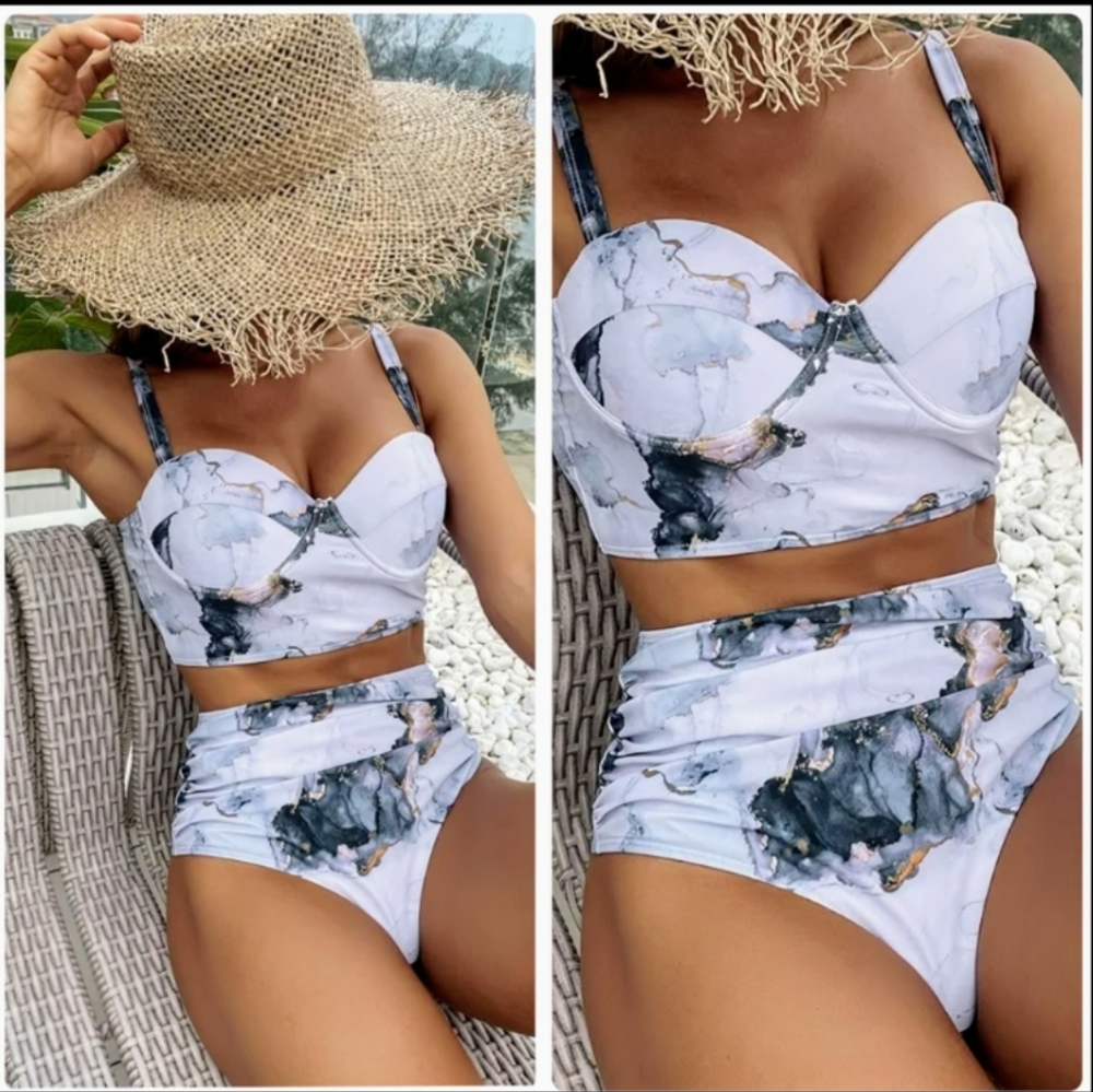 SHEIN Marble Print Ruched Pushup Resort Vacation Festival Two-Piece Bikini